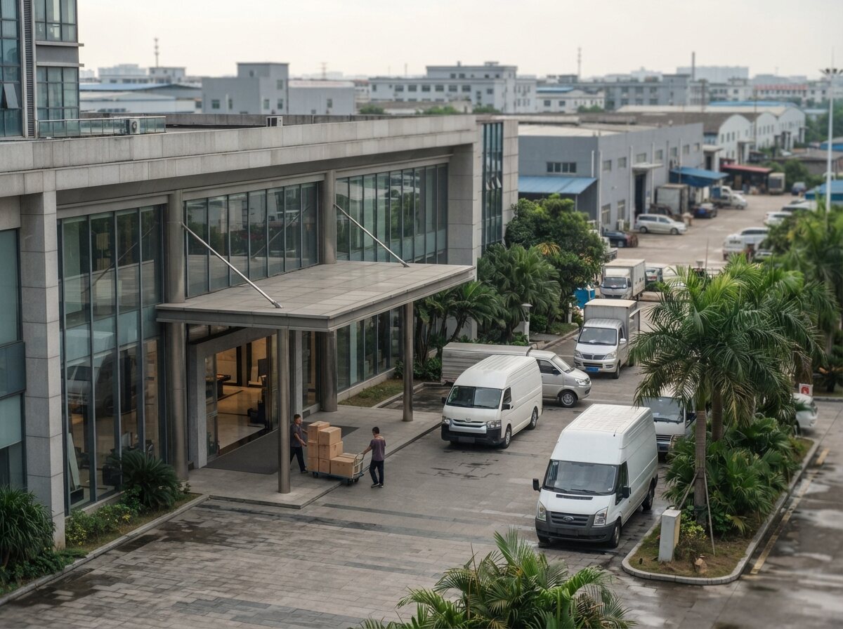 Entrance of a Foshan ceramics trading centre with delivery vans on the forecourt