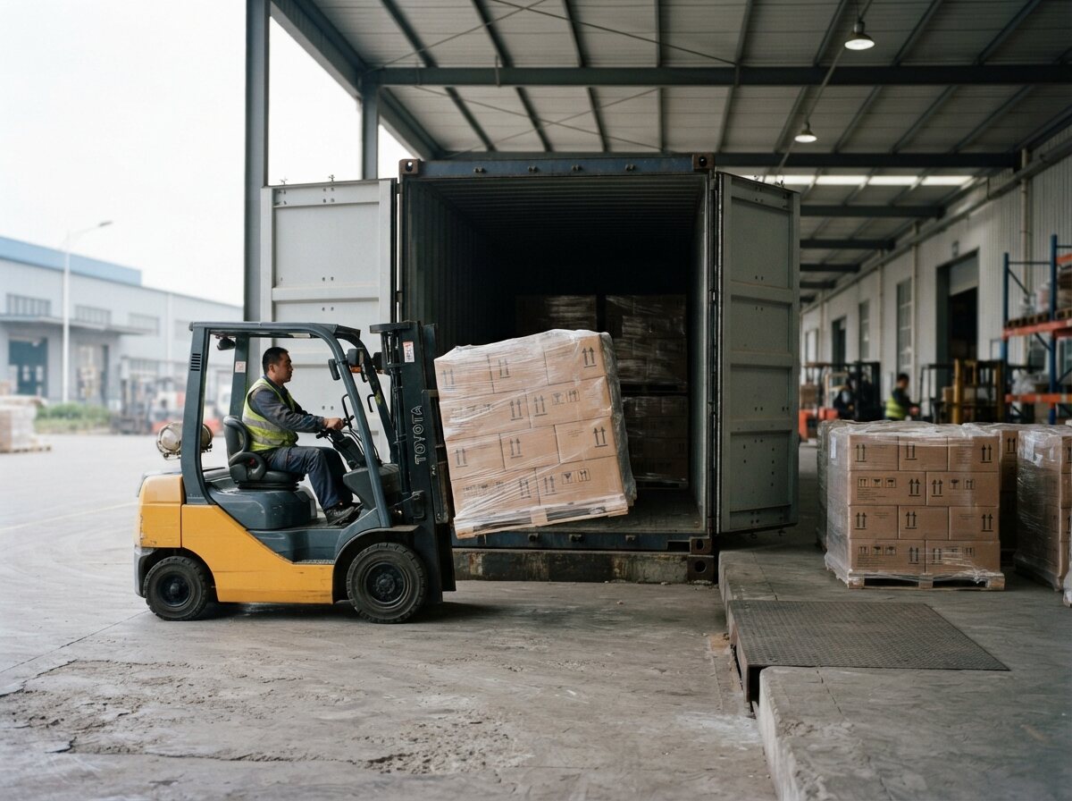 Container loading of palletised tiles at a Foshan warehouse