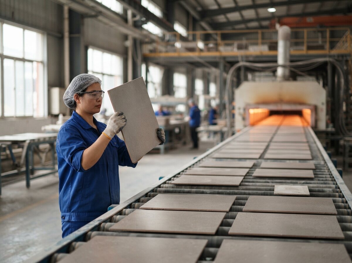 Buyer inspecting production at a Foshan tile factory