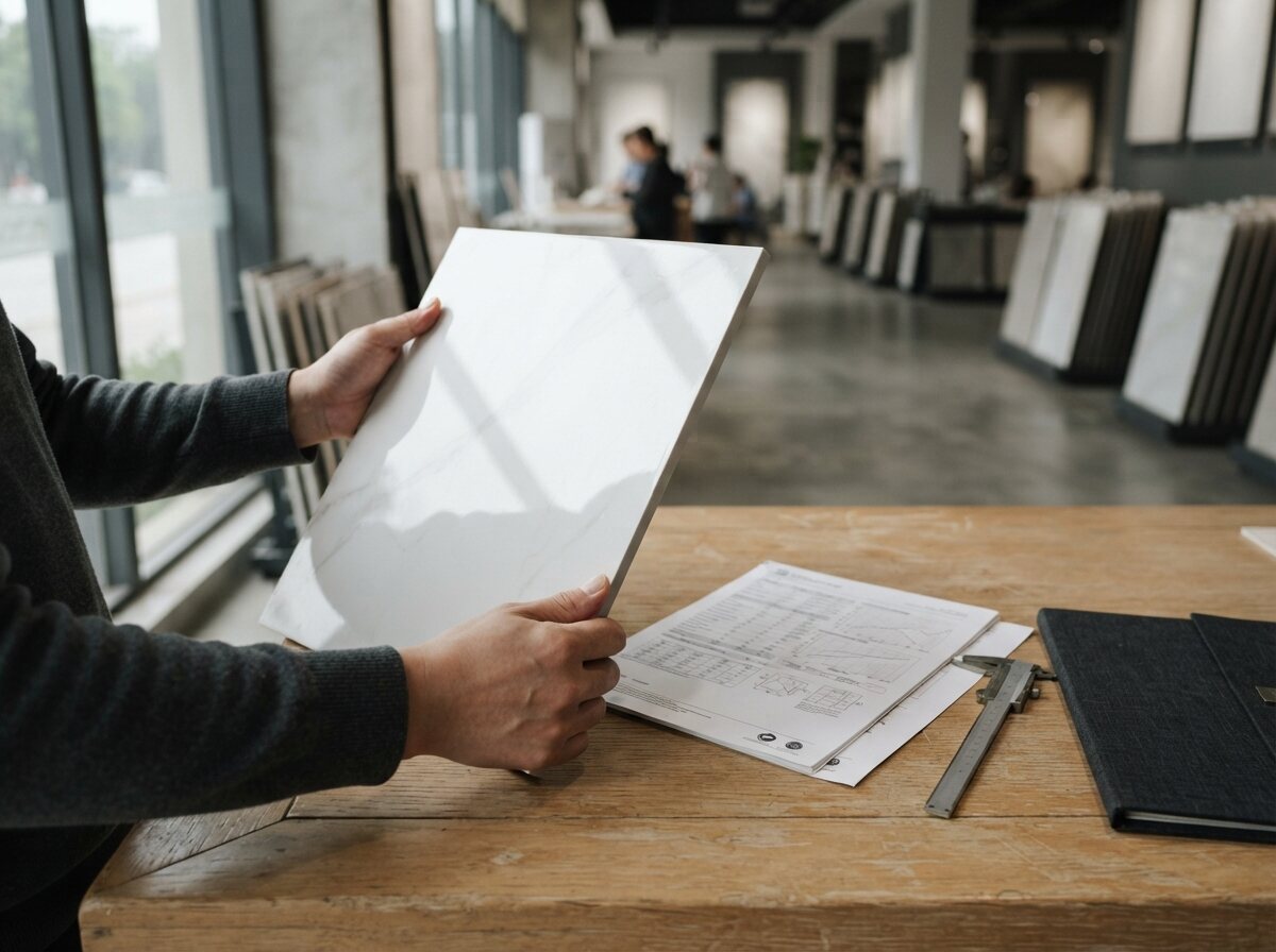 Checking a polished porcelain tile against its specification sheet in Foshan