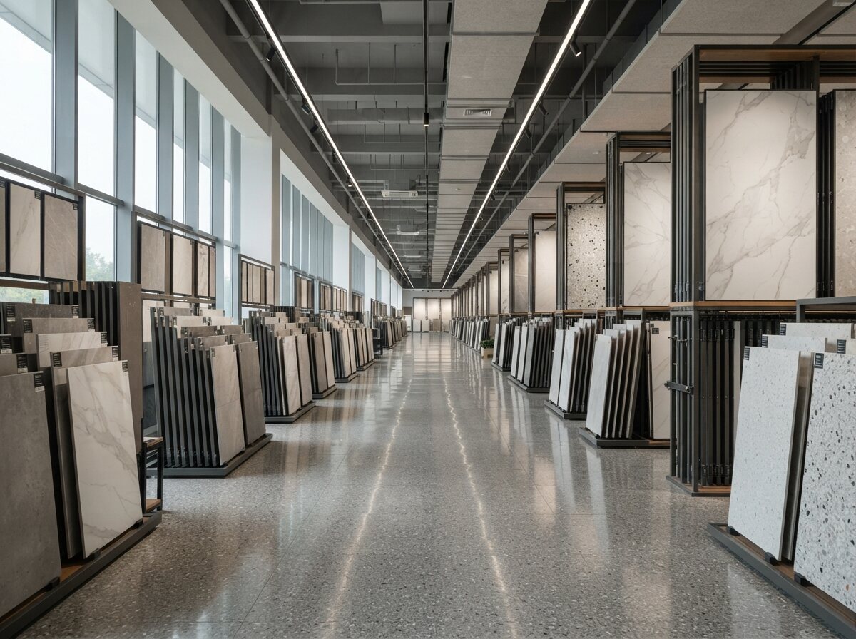 Tile showroom hall at a Foshan ceramics market