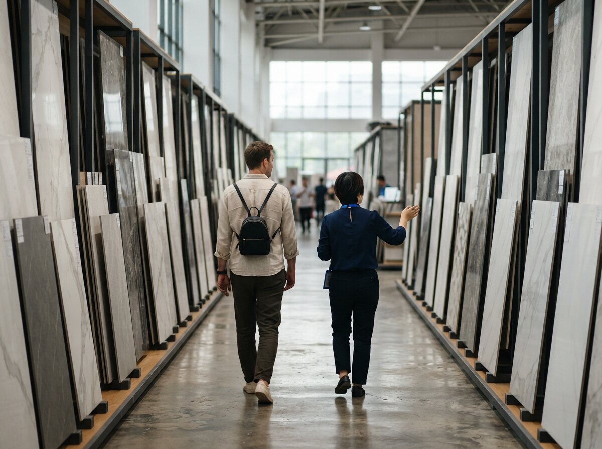 A foreign buyer and a local guide walking through a Foshan porcelain slab showroom